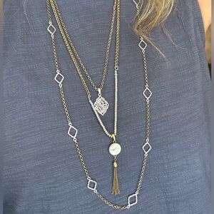 LUCKY BRAND Two Tone Multi Layer Pearl Tassel Pendant Necklace